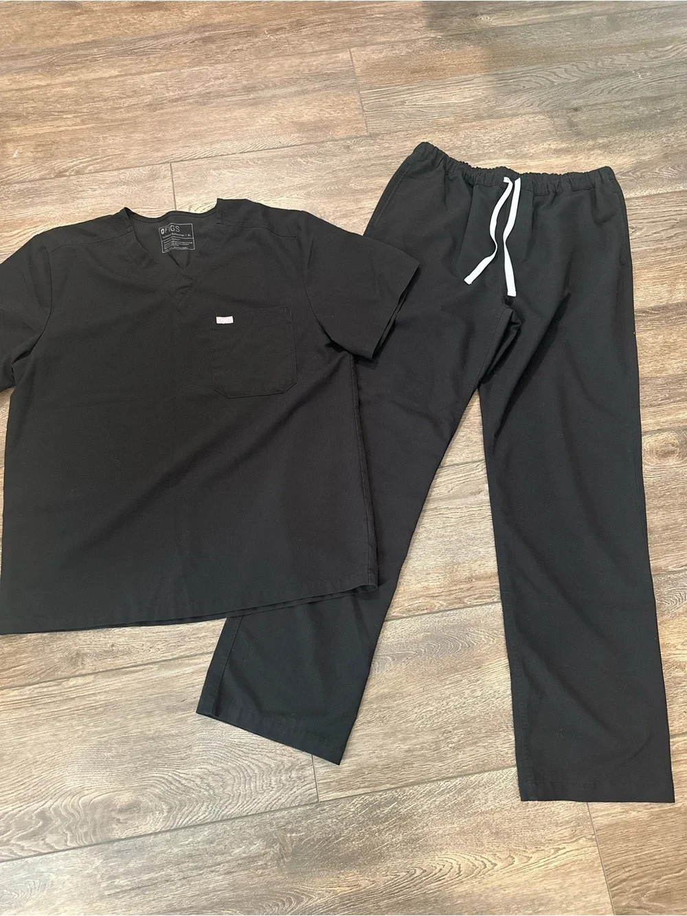 Figs Men's Black Scrub Top and Pants with White Drawstring
